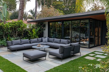 Cozy backyard patio with modern gray furniture on flagstone, surrounded by lush greenery