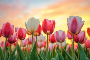 A Field of Blooming Tulips Under a Soft Sunrise