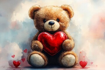 Fototapeta premium Adorable teddy bear holding a glossy red heart, perfect for Valentine's Day, Mother's Day, weddings, or birthdays. A heartwarming watercolor composition.