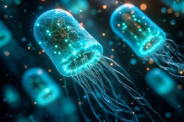 A collection of glowing jellyfish is depicted in a deep-sea environment, showcasing vibrant colors and intricate tentacle patterns, resembling a magical underwater realm