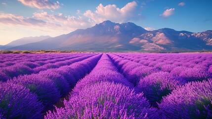 Obraz premium Vibrant lavender fields full bloom with a clear sky in the background ideal for nature lovers gardening and springtime themes
