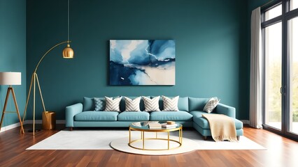 Fototapeta premium Interior of living room with blue sofa 3d rendering