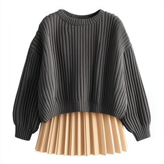 Charcoal, oversized, ribbed knit sweater, featuring a relaxed fit and a crew neckline, styled with a light beige pleated mini skirt.