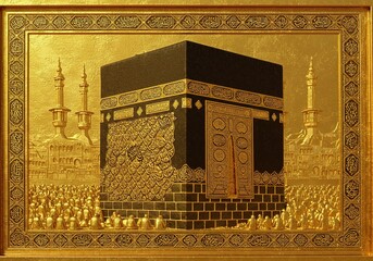 Kaaba in Mecca Saudi Arabia. ai generated with gold textured style