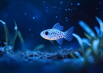 Naklejka premium Spotted Fish Swimming in Deep Blue Water Among Seaweed and Bubbles