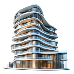 Ultra-modern high-rise apartment building with unique curves, isolated on a white transparent background.