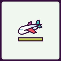 Stylized airplane icon taking off from a vibrant runway minimal design