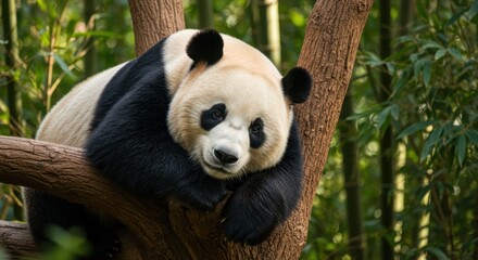 Panda Resting Against a Tree in Sunlight