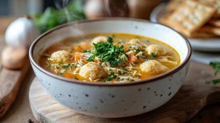 Warm and inviting bowl of kosher chicken soup with matzah balls and fresh herbs