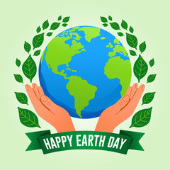 Happy earth day. Hands holding globe, earth and scattered green leaves. Earth day concept. Best for cards, banners, posters and social media posts.