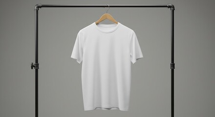 Minimalist Tee: A classic white t-shirt hanging on a wooden hanger, displayed on a sleek clothes rack with a simple grey background, exuding a clean and contemporary aesthetic.