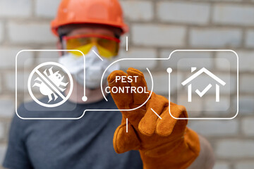 Worker using virtual touch screen push inscription: PEST CONTROL. Pest control service business...