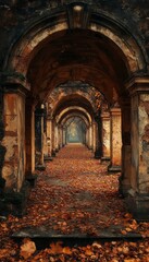 Fototapeta premium Serene Autumn Pathway Through Archways Surrounded by Leaves
