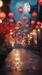 Fototapeta premium Festive Lanterns Illuminate a Quaint Street During a Night Celebration