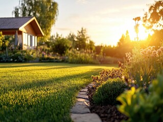 Obraz premium Sunset over a vibrant garden with well-maintained lawn and flower beds