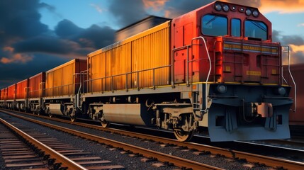Obraz premium Freight train with containers on railroad. Freight transportation and logistics concept. Cargo Freight Train with cargo containers. Global Cargo Export Logistics Concept with Copy Space. 