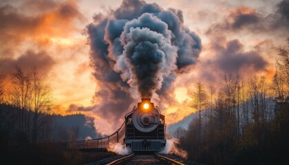 Obraz premium Vintage steam train traveling on tracks at sunset with dramatic sky clouds and landscape