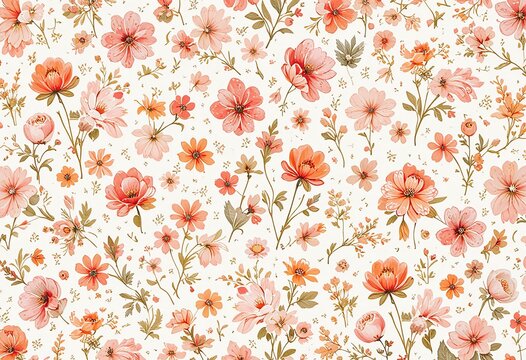 Ein  Muster aus zarten, handgemalten Blumen in Pastellfarben auf wei&szlig;em Hintergrund, ideal f&uuml;r Stoffdesigns oder Tapeten. Generative KI.
