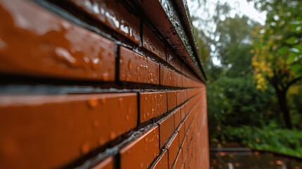 Wet Brick Wall: A close-up shot reveals a vibrant brick wall glistening with raindrops, creating a textured, atmospheric scene. The warm tones of the bricks contrast with the cool.
