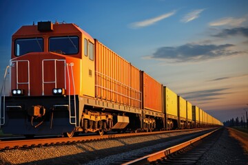 Obraz premium Freight train with containers on railroad. Freight transportation and logistics concept. Cargo Freight Train with cargo containers. Global Cargo Export Logistics Concept with Copy Space. 