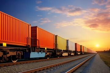 Obraz premium Freight train with containers on railroad. Freight transportation and logistics concept. Cargo Freight Train with cargo containers. Global Cargo Export Logistics Concept with Copy Space. 