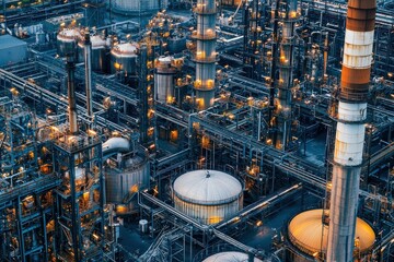 Complex industrial plant with interconnected pipes and tanks at dusk