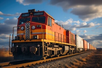 Obraz premium Freight train with containers on railroad. Freight transportation and logistics concept. Cargo Freight Train with cargo containers. Global Cargo Export Logistics Concept with Copy Space. 