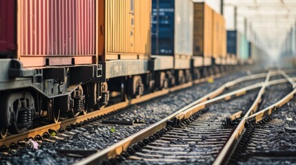 Fototapeta premium Freight train with containers on railroad. Freight transportation and logistics concept. Cargo Freight Train with cargo containers. Global Cargo Export Logistics Concept with Copy Space. 