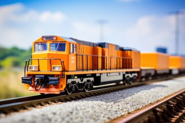 Fototapeta premium Freight train with containers on railroad. Freight transportation and logistics concept. Cargo Freight Train with cargo containers. Global Cargo Export Logistics Concept with Copy Space. 