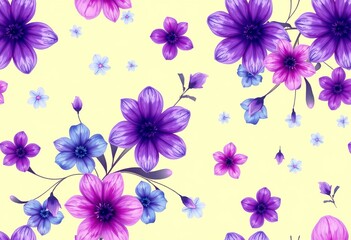 Ein Blumenmuster mit lila, pinken und blauen Blüten auf hellgelbem Hintergrund, frisch und verspielt gestaltet. Generative KI.