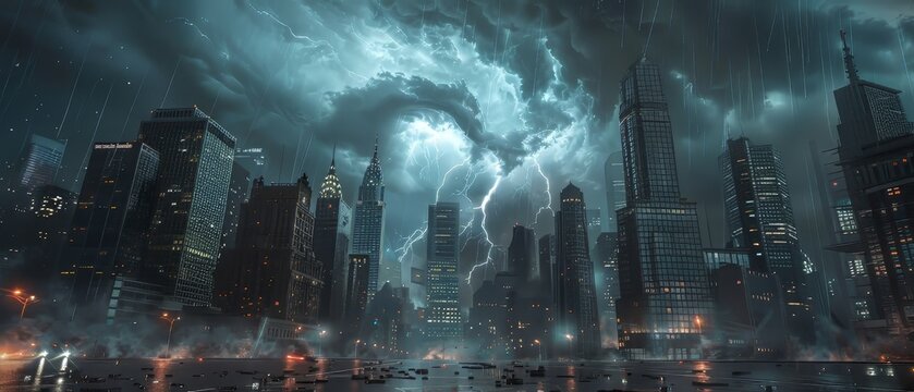 A massive supercell storm engulfs a metropolis, with powerful lightning bolts striking skyscrapers. The dark clouds and heavy rain create a dramatic and apocalyptic atmosphere.