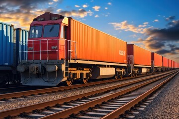 Fototapeta premium Freight train with containers on railroad. Freight transportation and logistics concept. Cargo Freight Train with cargo containers. Global Cargo Export Logistics Concept with Copy Space. 