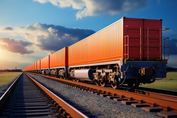 Obraz premium Freight train with containers on railroad. Freight transportation and logistics concept. Cargo Freight Train with cargo containers. Global Cargo Export Logistics Concept with Copy Space. 