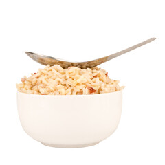 mixed red jasmine brown rice and barley bowl on white spoon