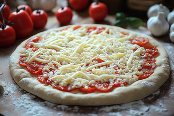Photo d’une pizza maison prête à être enfournée, avec une généreuse couche de fromage râpé et des tomates cerises, sous une lumière douce et chaleureuse