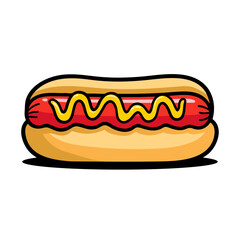 Delicious cartoon style hot dog with mustard. Perfect for illustrating food themes, fast food concepts, and catering materials.