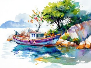 Obraz premium Watercolor painting of a boat by the shore. Vibrant colors and a serene atmosphere with reflections in the water. Coastal landscape with trees and rocks