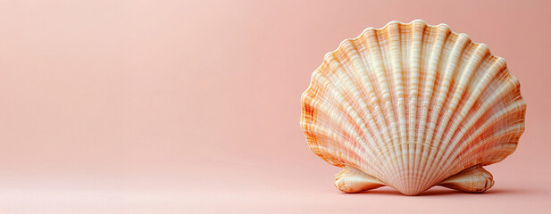 Seashell on soft pink background. Beach and ocean concept. Natural coastal decor element.