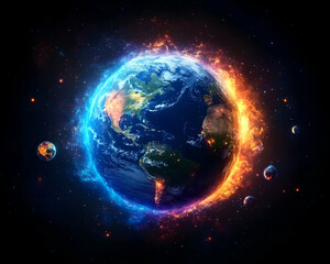 Fiery icy cosmic energy engulfs Earth smaller planets orbit amidst the celestial chaos
