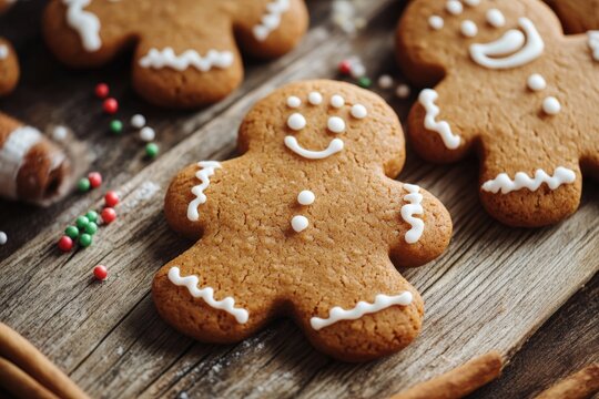 Smiling gingerbread man cookies lying on rustic wooden table for christmas - Powered by Adobe