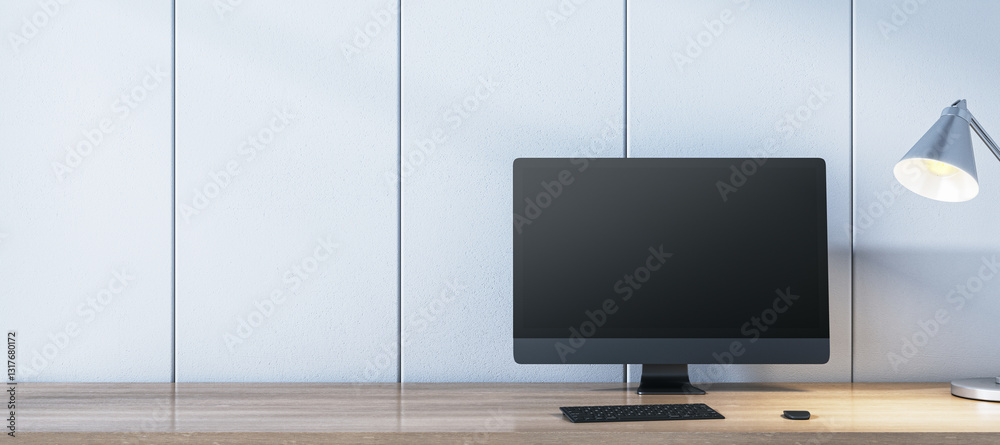 Aufkleber modern office desk with computer screen and lamp on wooden surface. 3d rendering