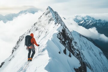 Mountaineer walking on snowy mountain ridge reaching the summit
