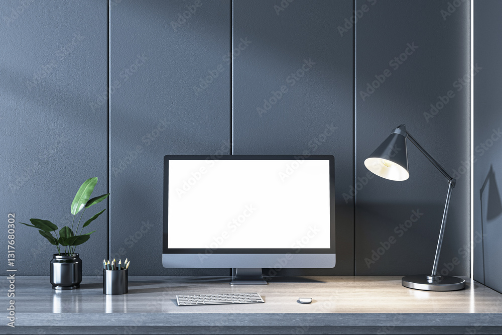 Poster Modern Workspace with Computer Screen and Desk Lamp. 3D Rendering