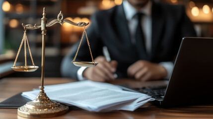 Legal professional working at desk with scales of justice and documents