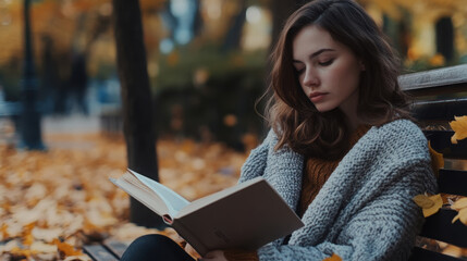 Fototapeta premium Young woman relaxing with a book on a park bench in autumn scenery