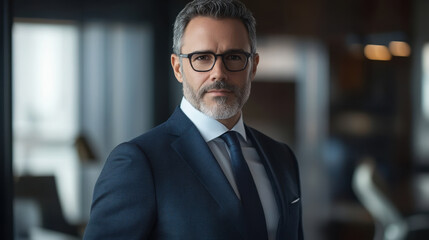 Fototapeta premium Confident businessman in formal suit with glasses in modern office setting