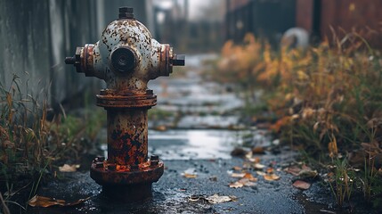 Rusty Fire Hydrant Stands Alone on Wet Autumn Path Outdoors