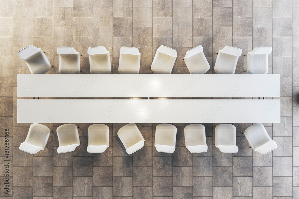 Poster modern conference room with white table and chairs. 3d rendering