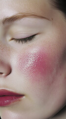 Fototapeta premium Macro Portrait of a Fair-Skinned Woman with Glowing Blush and Glossy Lips