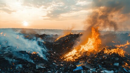 Burning landfill with smoke and flames against a cloudy, golden sky